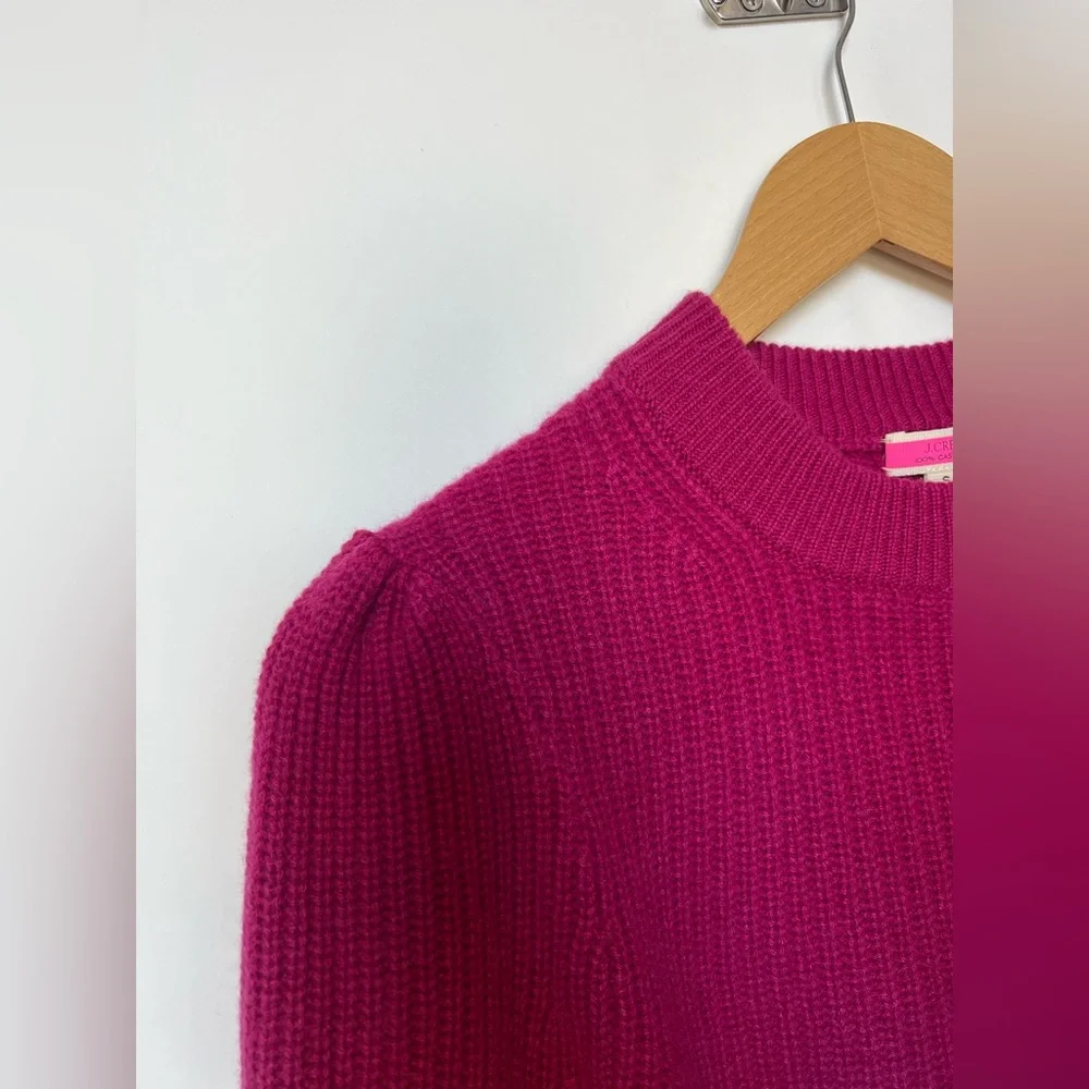 J.Crew 100% Cashmere Puff‎ Sleeve Mockneck Sweater Fuchsia Pink Size S